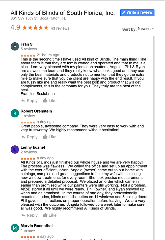 Reviews - All Kinds of Blinds of South Florida